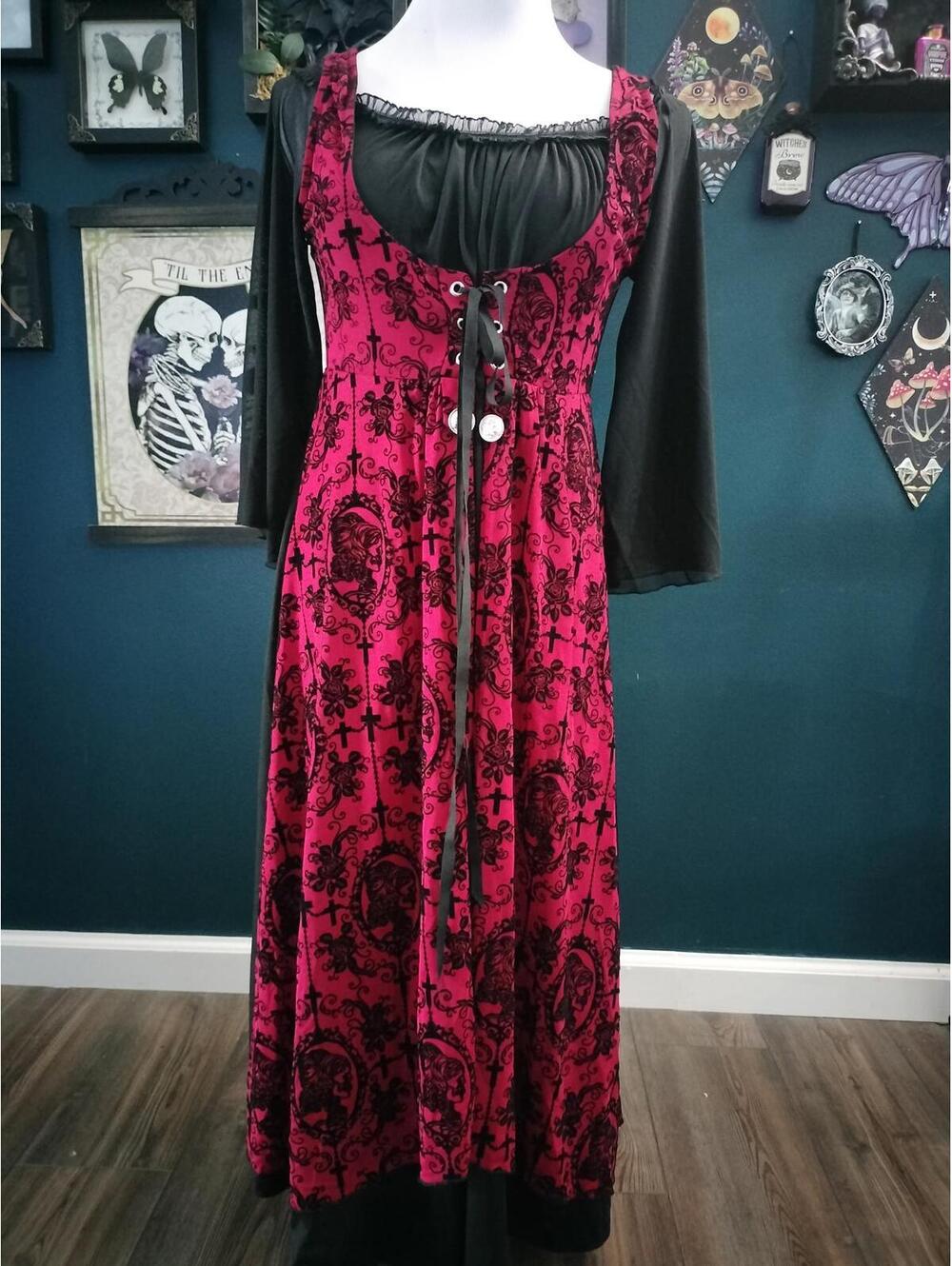 Gothic flocked black dress with red skeleton cameos